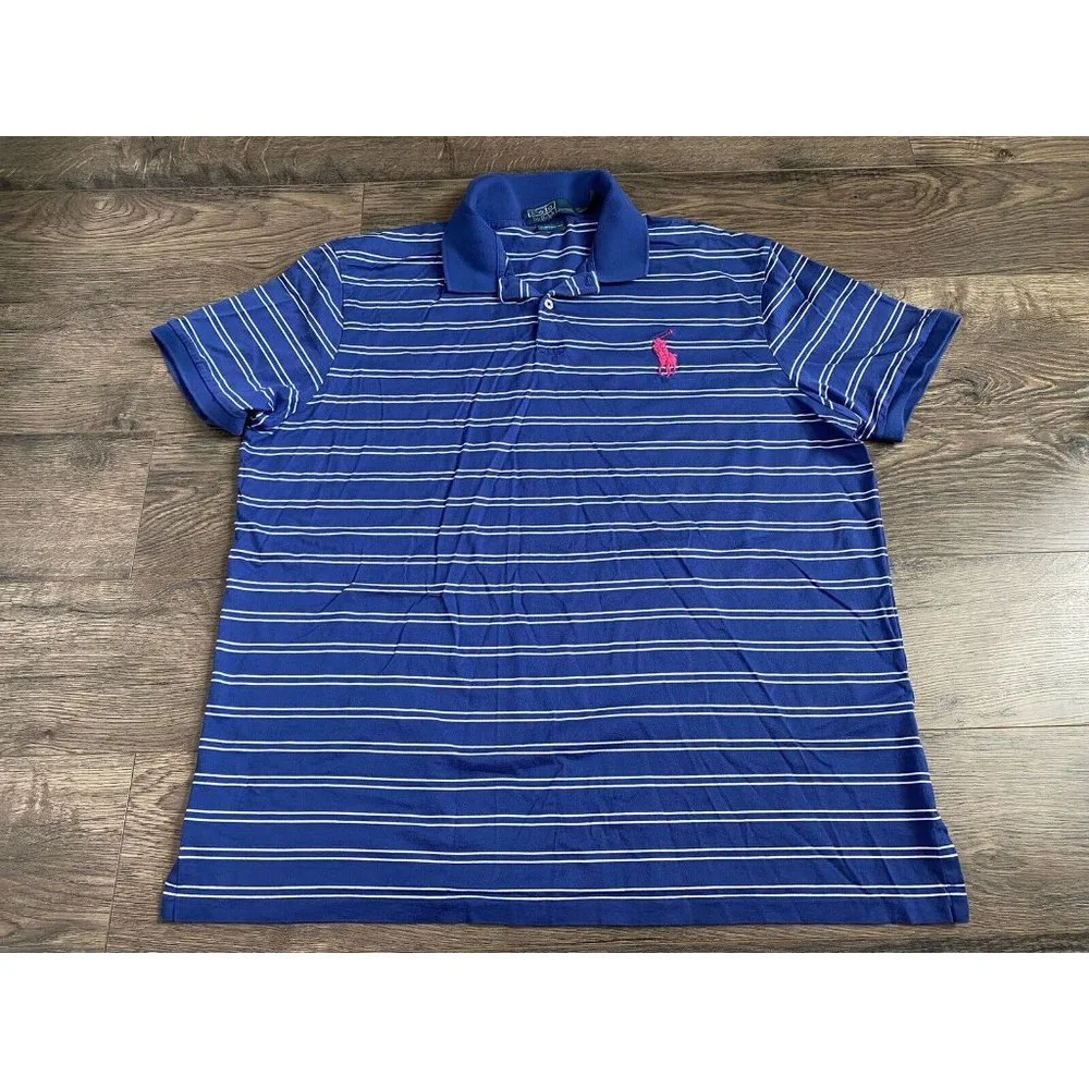 Polo by Ralph Lauren Blue White Striped Polo with Pink Pony